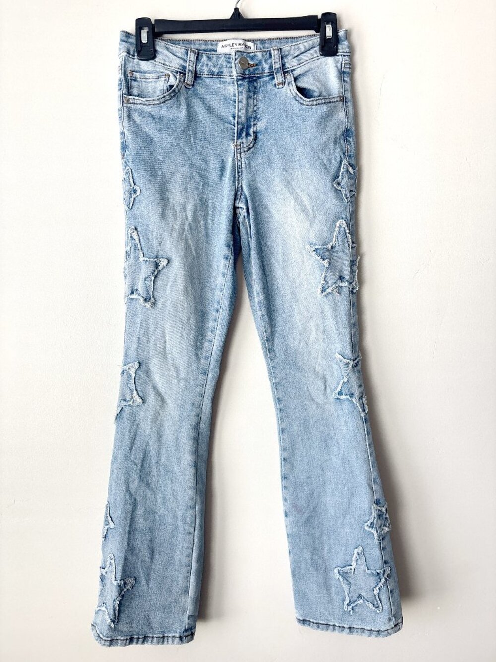 Ashley Mason Star Patch Jeans Juniors 1 25 Flare Frayed Light Wash Y2K Grunge